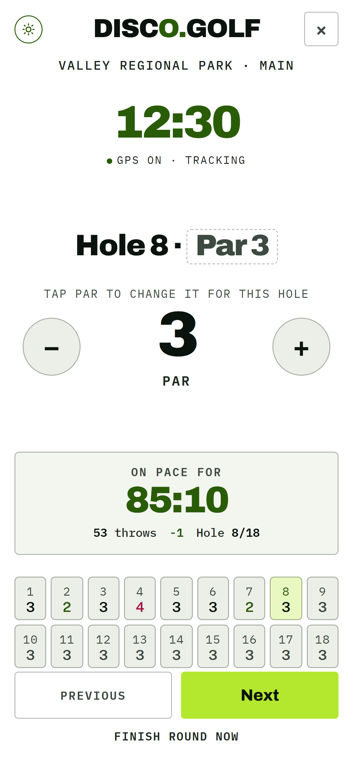 Mid-round: a running clock at 12:30, GPS on and tracking, hole 8 par 3, every hole along the bottom, and a projection of 85:10