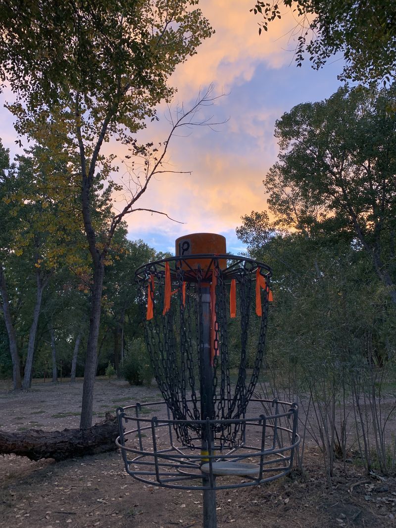 A basket with orange ribbons against a pink and blue sunset sky